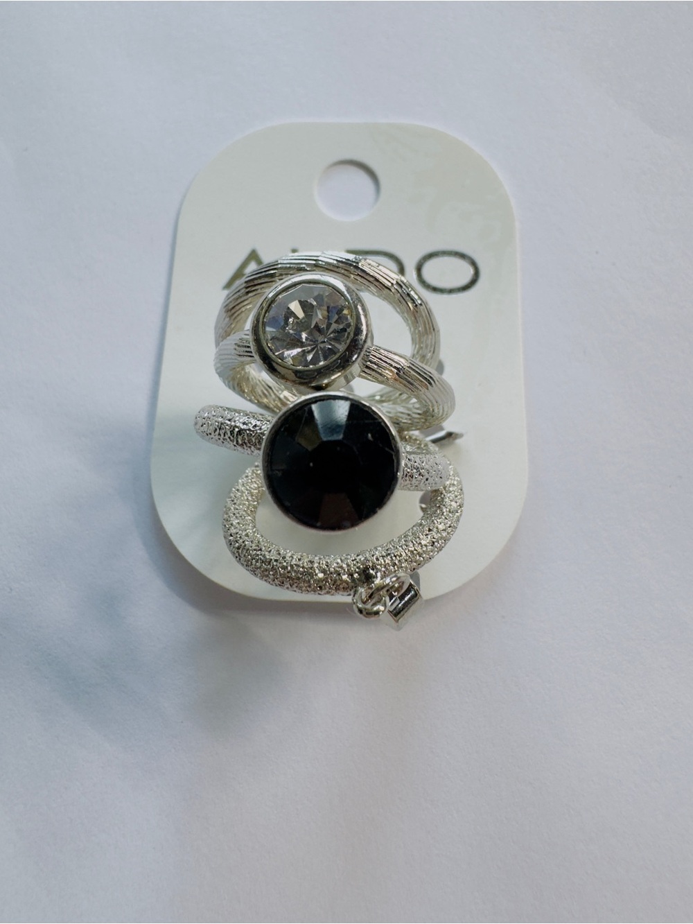 Size 6 Aldo Silver Tone Black and Clear Stone Stacked Ring Set